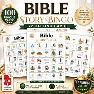 May include: A Bible Story Bingo game set featuring 100 unique cards and 72 calling cards. The game includes printable sheets with illustrations of biblical figures and events, offering US letter size and A4 size printing options for home use.