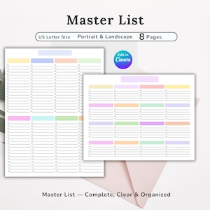 May include: Two printable "Master List" templates in portrait and landscape formats. The templates are US Letter size and have 8 pages. The design includes pastel color blocks and checkboxes for easy organization. The Canva logo is visible.