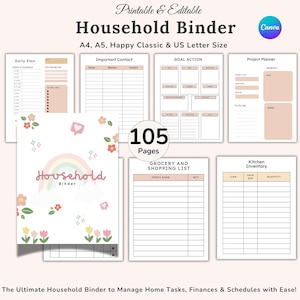 Peut inclure: Un classeur ménager imprimable et modifiable de 105 pages. Il comprend des sections pour les plans quotidiens, les contacts, les objectifs, les projets, les listes de courses et l'inventaire de la cuisine. La couverture présente un arc-en-ciel et des fleurs.
