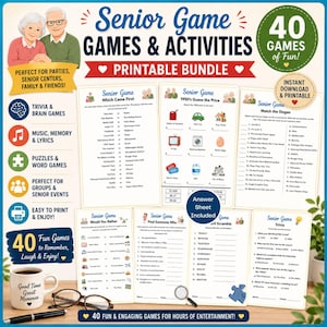 May include: A printable bundle of 40 senior games and activities featuring trivia, brain games, music, memory, and word puzzles. The collection includes sheets like Which Came First, 1950s Guess the Price, Match the Slogan, Would You Rather, and Trivia.