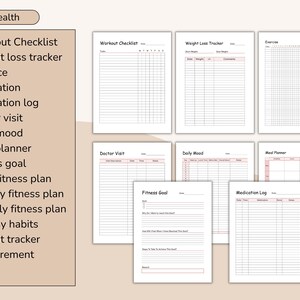 May include: A collection of printable health and fitness trackers, including a workout checklist, weight loss tracker, and meal planner. The pages are white with pink accents and are designed for personal health management.