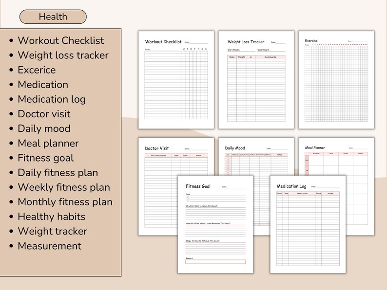 May include: A collection of printable health and fitness trackers, including a workout checklist, weight loss tracker, and meal planner. The pages are white with pink accents and are designed for personal health management.