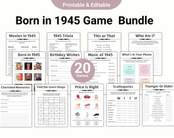 80th Birthday Games, Born in 1945, 80th Birthday Poster, 1945 Birthday Trivia and Quiz Game, Find The Guest Bingo, Back In 1945, Printable