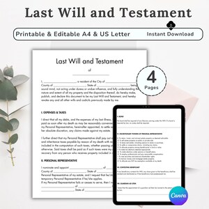 Puede incluir: Un documento de testamento imprimible y editable, disponible en tamaños A4 y US Letter. El documento se muestra con una tableta que muestra el documento y un sobre rosa. El documento tiene 4 páginas.
