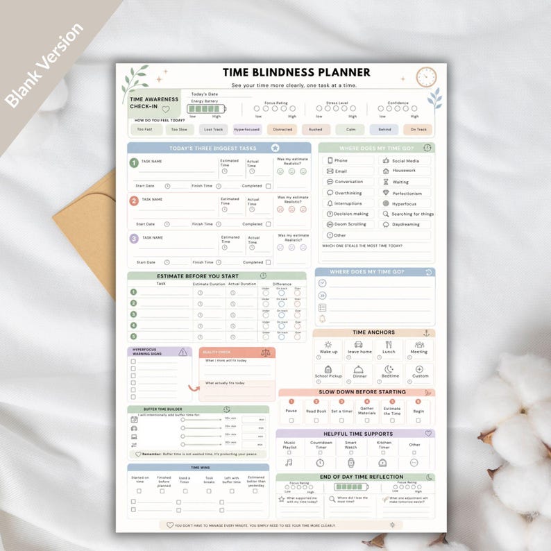 May include: A Time Blindness Planner page with a light-colored background and pastel-toned sections. The layout includes fields for daily tasks, time tracking, energy levels, and reflection prompts, featuring icons for daily activities and time management.