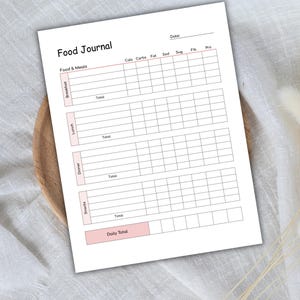 May include: A white Food Journal sheet with pink accents, featuring sections for tracking food intake and nutritional information. The journal includes spaces for breakfast, lunch, dinner, and snacks, with columns for calories, carbs, fat, and more. The text "Food Journal" is at the top.
