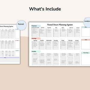 May include: Two white Funnel Down Planning System sheets with text and checkboxes. The sheets are labeled "Portrait" and "Landscape". The text "What's Include" is at the top. The sheets are for categorizing, prioritizing, and scheduling.