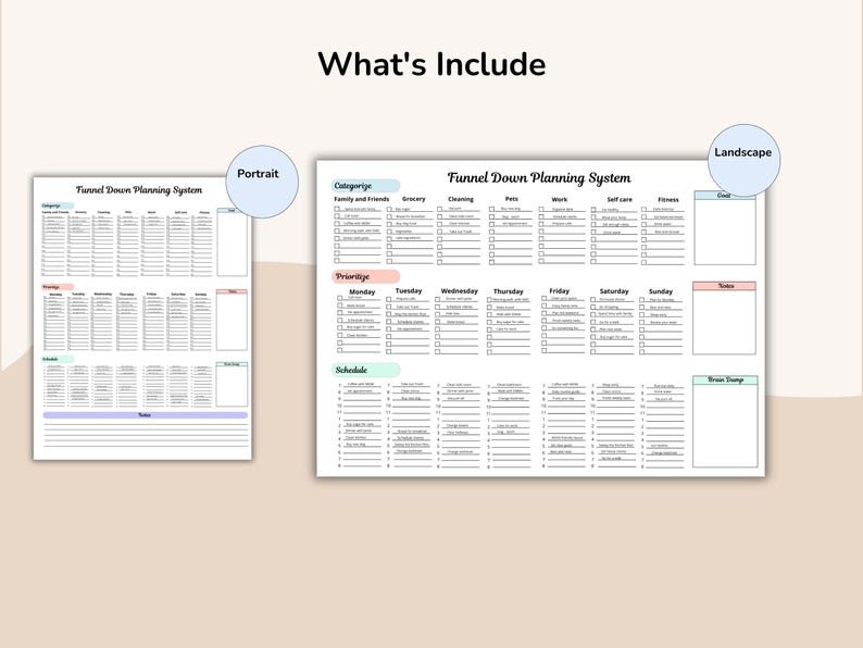 May include: Two white Funnel Down Planning System sheets with text and checkboxes. The sheets are labeled "Portrait" and "Landscape". The text "What's Include" is at the top. The sheets are for categorizing, prioritizing, and scheduling.