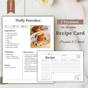 Könnte beinhalten: Eine Rezeptkarte für "Fluffy Pancakes" mit einem Stapel Pfannkuchen und Bananenscheiben. Die Karte enthält Zutaten, Anweisungen und eine leere Rezeptkarte. Der Text "Printable & Editable" ist ebenfalls sichtbar. Das Format ist A4.