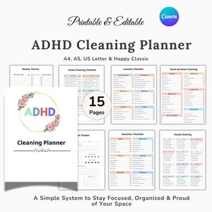 May include: ADHD Cleaning Planner with 15 pages, printable and editable. Includes weekly, home, and laundry checklists, plus room-by-room and yearly cleaning guides. The planner is designed to help stay focused and organized.