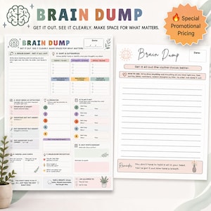 May include: Two white paper planning sheets with colorful headers and sections. The left sheet features a Brain Dump layout with numbered steps for sorting, prioritizing, and mental load checking. The right sheet includes lined space for notes.
