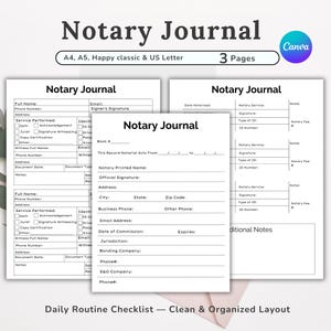 May include: A white Notary Journal with black text, featuring forms for recording notarized acts. The journal includes sections for full names, addresses, and service details. The text "Notary Journal" is prominently displayed. The journal is available in A4, A5, and US Letter sizes.