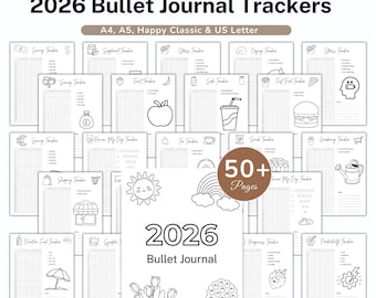 May include: A collection of printable 2026 bullet journal trackers. The pages include various trackers for savings, fruit, stress, and more. The design is black and white with a floral and rainbow theme. Includes A4, A5, Happy Classic & US Letter sizes.