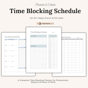 Könnte beinhalten: Ein druckbarer und bearbeitbarer Zeitblockplan mit drei Versionen. Das Design umfasst Abschnitte für Top-Prioritäten und ein Brain Dump, mit einem Wochenplan-Layout. Der Text lautet "Time Blocking Schedule".