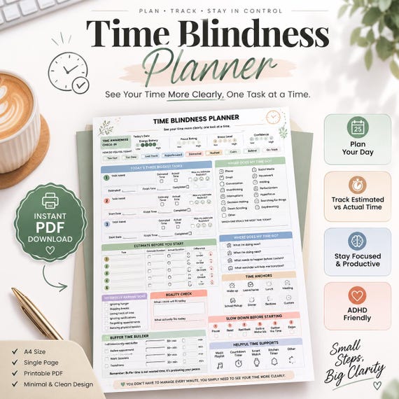 ADHD Time Blindness Printable, ADHD Time Blindness Worksheet, Time Management Tracker, Executive Function PDF, Adult Adhd, Instant Download