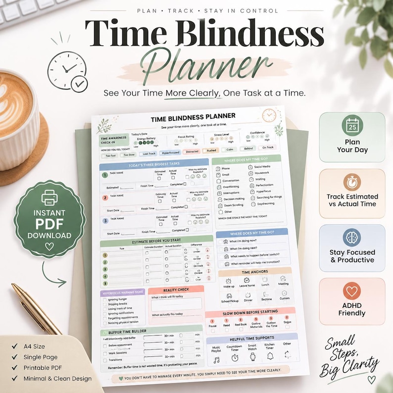 May include: A Time Blindness Planner printable document featuring sections for daily tasks, time tracking, and reality checks. The layout includes checkboxes, icons, and text fields for planning, with a soft color palette and clear headings.