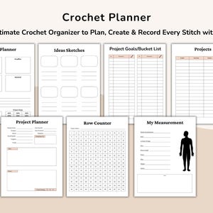 May include: A white Crochet Planner with various sections for planning, creating, and recording crochet projects. Sections include Gift Planner, Ideas Sketches, Project Goals, and a Row Counter. The planner also includes a My Measurement section.