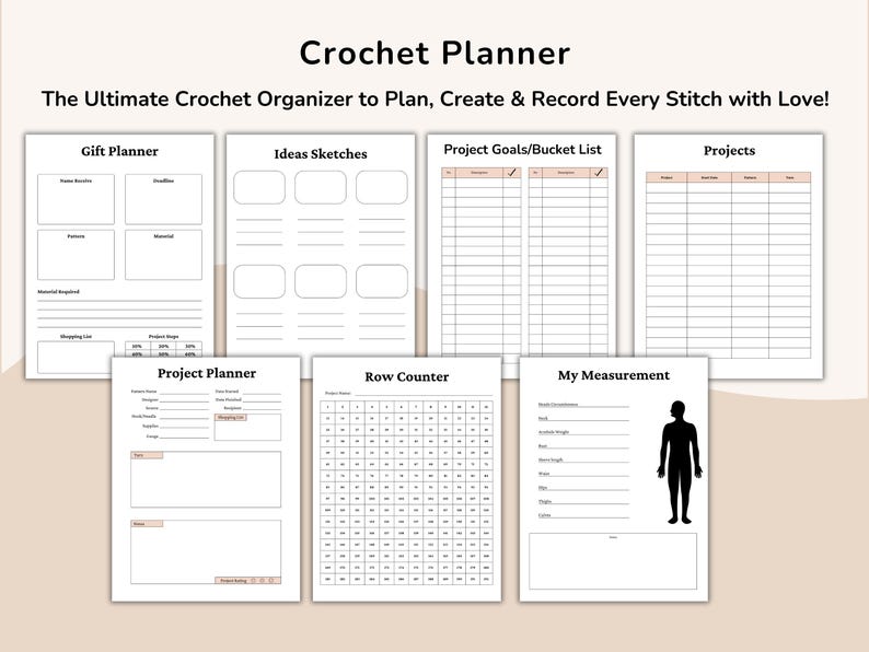 May include: A white Crochet Planner with various sections for planning, creating, and recording crochet projects. Sections include Gift Planner, Ideas Sketches, Project Goals, and a Row Counter. The planner also includes a My Measurement section.