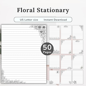 May include: Floral stationery set with lined pages and floral corner designs. The set includes 50 pages, US Letter size, and is available for instant download. The design features black and white floral illustrations.