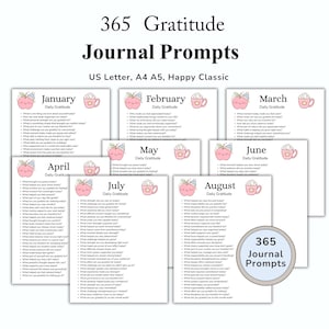 Könnte beinhalten: Ein Set mit 365 Dankbarkeits-Journal-Eingabeaufforderungen. Jede Seite zeigt einen Monat mit täglichen Eingabeaufforderungen, eine Apfelillustration und eine Kaffeetasse. Erhältlich in US Letter, A4, A5 und Happy Classic Größen.