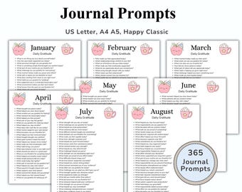 May include: A set of 365 gratitude journal prompts. Each page features a month with daily prompts, an apple illustration, and a cup of coffee. The journal is available in US Letter, A4, A5, and Happy Classic sizes.