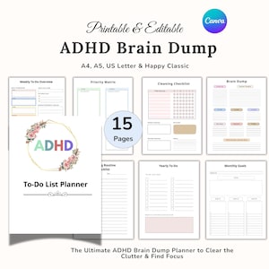 Puede incluir: Un planificador imprimible y editable de ADHD Brain Dump con 15 páginas. Incluye una descripción general semanal de tareas, matriz de prioridades, lista de verificación de limpieza y más. Disponible en A4, A5, US Letter y Happy Classic.
