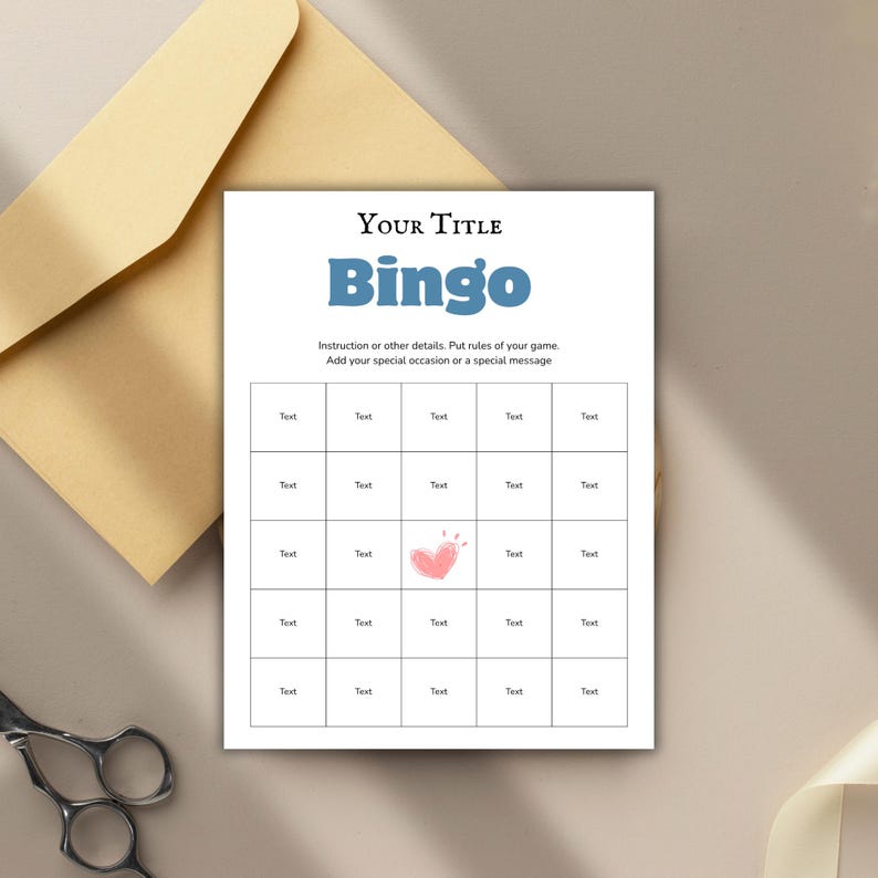 May include: A white Bingo game card with a blue title and the word "Bingo" in large letters. The card has a grid of boxes with the word "Text" in each. A pink heart is in the center. An envelope and scissors are in the background.
