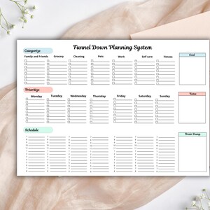 May include: A white planner titled "Funnel Down Planning System" with sections for categorization, prioritization, and scheduling. It includes checkboxes and space for notes, goals, and a brain dump. The planner is on a beige surface.