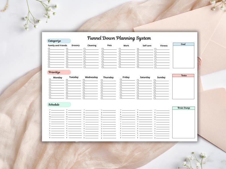 May include: A white planner titled "Funnel Down Planning System" with sections for categorization, prioritization, and scheduling. It includes checkboxes and space for notes, goals, and a brain dump. The planner is on a beige surface.