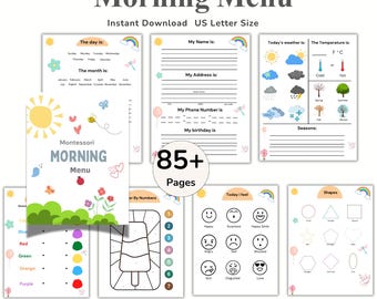 May include: A printable Montessori Morning Menu template with various activity pages. Includes pages for the day, month, weather, feelings, shapes, and more. The template is US Letter size and has over 85 pages.