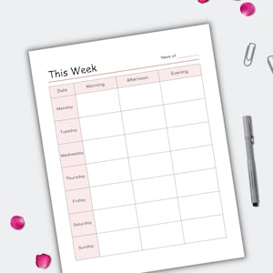 May include: A weekly planner sheet with the title "This Week" at the top. The planner has sections for each day of the week, with columns for morning, afternoon, and evening. A pen and paper clips are next to the planner.
