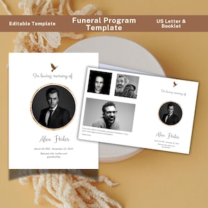 May include: A funeral program template with the text "Funeral Program Template" and "US Letter & Booklet". The program features a photo of a person in a suit, and the text "In loving memory of Alex Hales".