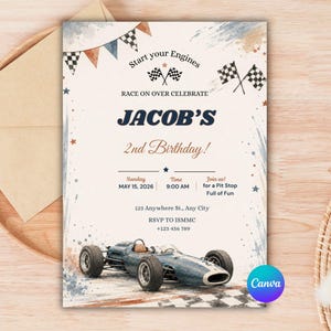 Race Car 1st Birthday Invitation Template, Cars Birthday Party Invite, Vintage Race car Canva PDF, Birthday Invitations For Boy, Digital