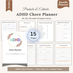 Puede incluir: Un planificador de tareas de TDAH imprimible y editable con 15 páginas. El planificador incluye listas de verificación para la limpieza del dormitorio, la cocina y las rutinas de lavandería. La portada presenta la palabra "TDAH" en un diseño floral.