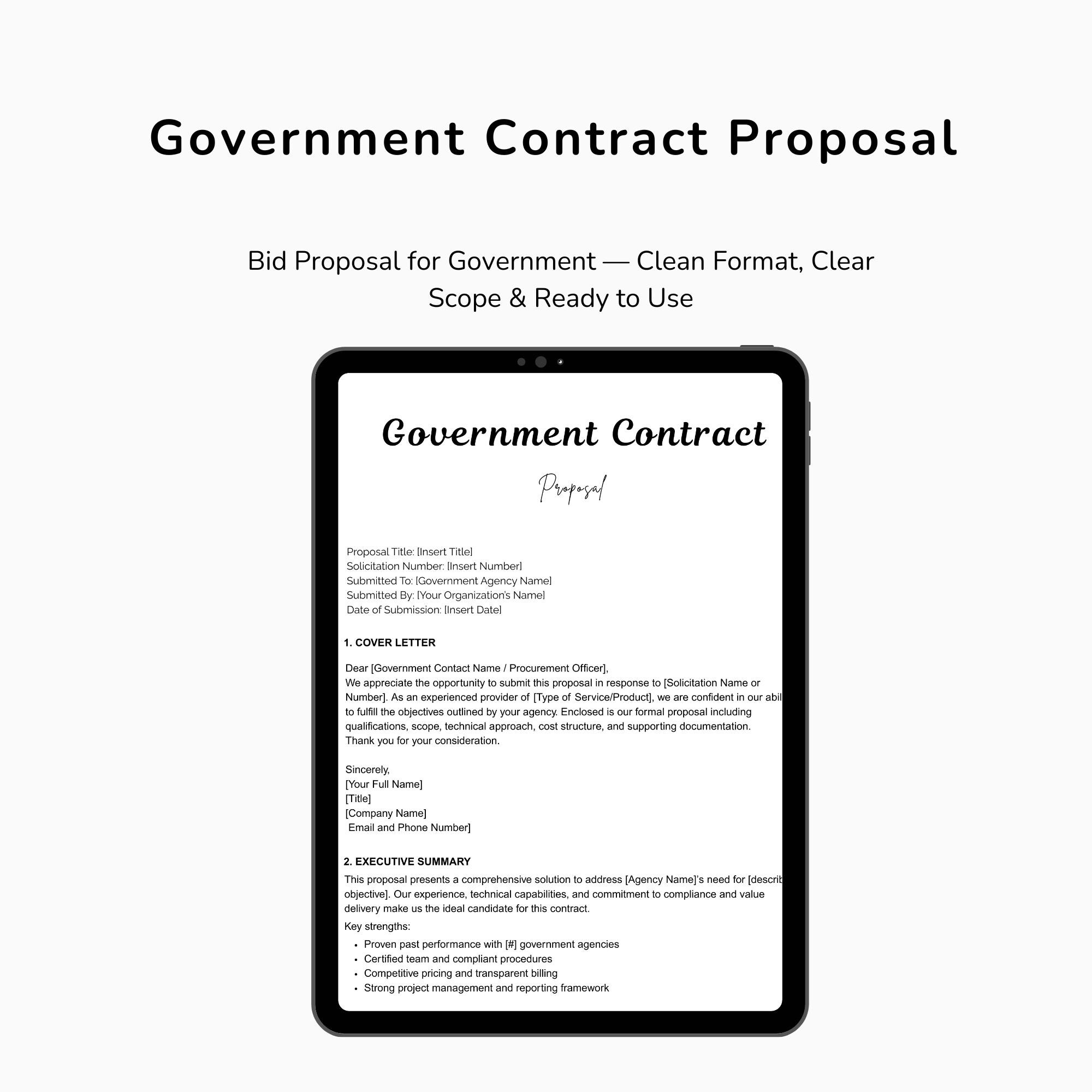 Government Contract Sample Pdf Editable Government Contract Proposal Template, Business Proposal, Bid ...
