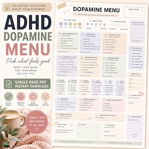 May include: A printable ADHD Dopamine Menu planner featuring a grid layout with sections for mood, energy, and motivation tracking. The document includes checklists for quick boosts, activities, and self-care ideas in soft pastel colors with black text.