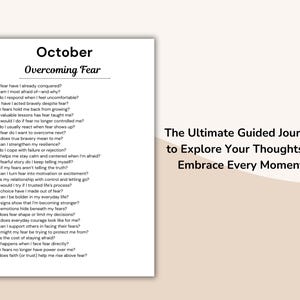 May include: A white journal page with the title "October Overcoming Fear" and a list of questions. The text "The Ultimate Guided Journal to Explore Your Thoughts & Embrace Every Moment" is on the right.