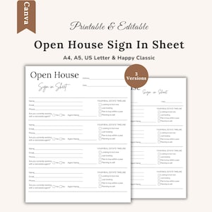 Puede incluir: Hojas de registro de puertas abiertas imprimibles y editables. Las hojas son blancas con texto negro e incluyen campos para nombre, correo electrónico, teléfono y cronograma de bienes raíces. El texto "Open House Sign In Sheet" está en la parte superior.