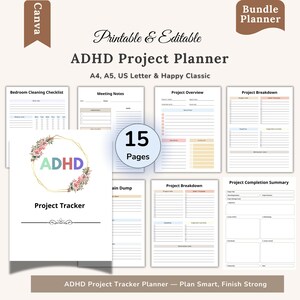 May include: A digital ADHD project planner with 15 pages, including a project tracker, meeting notes, and project breakdown templates. The planner is printable and editable, with a floral design and the word "ADHD".