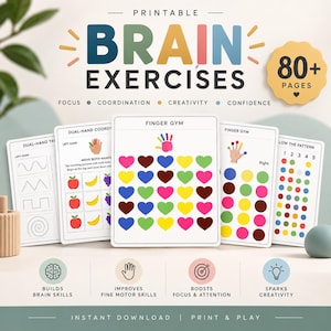 May include: A set of printable brain exercise activity sheets featuring 80+ pages of cognitive tasks. The cards display finger gym exercises with colourful hearts, dot patterns, and line tracing activities to improve fine motor skills and focus.