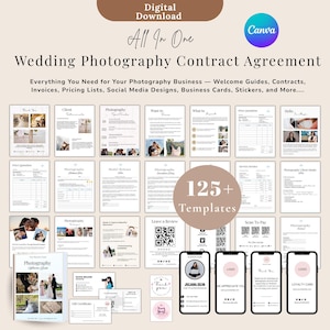 May include: A digital download graphic with the text "Digital Download" and "All In One". The image includes templates for a wedding photography business, including contracts, invoices, and social media designs. The Canva logo is visible.