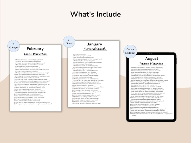 May include: A digital product with the text "What's Include" at the top. The image shows three pages with lists of questions for self-reflection, labeled "February Love & Connection", "January Personal Growth", and "August Passion & Intention". A tablet is also shown.