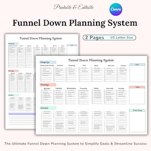 Peut inclure: Deux feuilles de planification imprimables avec le texte "Funnel Down Planning System". Les feuilles sont blanches avec des sections pour la catégorisation, la priorisation et la planification. Le texte "2 Pages" et "US Letter Size" est également visible. Le logo Canva est dans le coin supérieur droit.