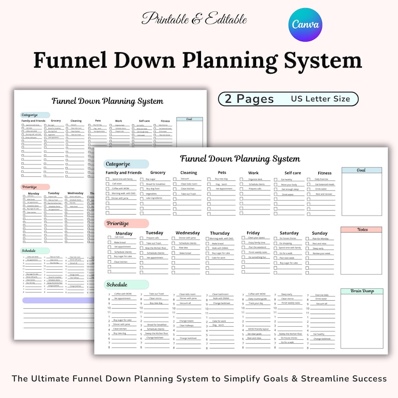 May include: Two printable planning sheets with the text "Funnel Down Planning System". The sheets are white with sections for categorization, prioritization, and scheduling. The text "2 Pages" and "US Letter Size" are also visible. The Canva logo is in the upper right corner.