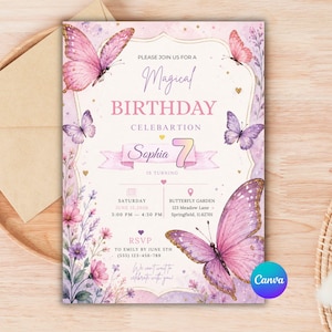 May include: A rectangular birthday invitation card featuring watercolour butterflies in shades of pink and purple, floral accents, and gold details. The text reads: Please join us for a magical birthday celebration, Sophia is turning 7, June 15, 2026.