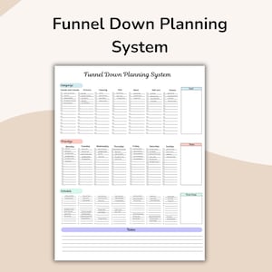 May include: A white planner titled "Funnel Down Planning System" with a detailed layout for categories, priorities, and schedules. The planner includes sections for goals, notes, and a team stamp. The text is in black, with color-coded headers.