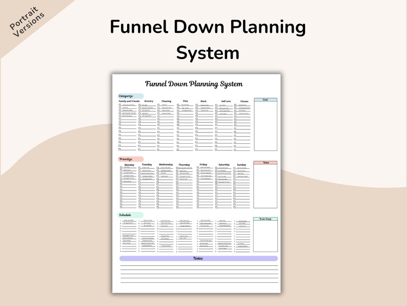 May include: A white planner titled "Funnel Down Planning System" with a detailed layout for categories, priorities, and schedules. The planner includes sections for goals, notes, and a team stamp. The text is in black, with color-coded headers.