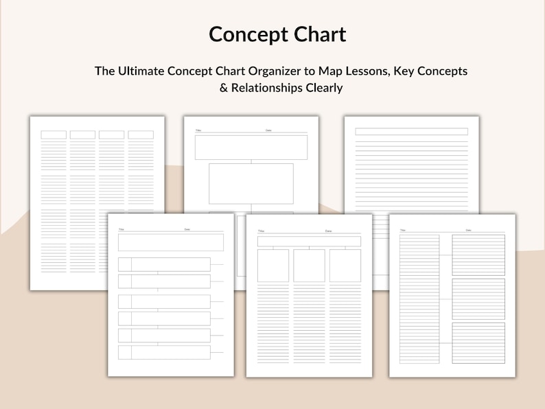 May include: A collection of white concept chart organizers with various layouts. The text at the top reads "Concept Chart" and "The Ultimate Concept Chart Organizer to Map Lessons, Key Concepts & Relationships Clearly."