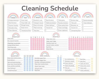 May include: A pastel-coloured cleaning schedule with rainbow graphics. The schedule is divided into daily, weekly, monthly, quarterly, semi-annual, and annual tasks. The text includes cleaning tasks like dusting, vacuuming, and decluttering.