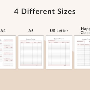 May include: Image showing four different sizes of printable planner pages: A4, A5, US Letter, and Happy Classic. Each page features a different layout, including a weekly budget, income tracker, expense tracker, and account tracker. The text "4 Different Sizes" is at the top.
